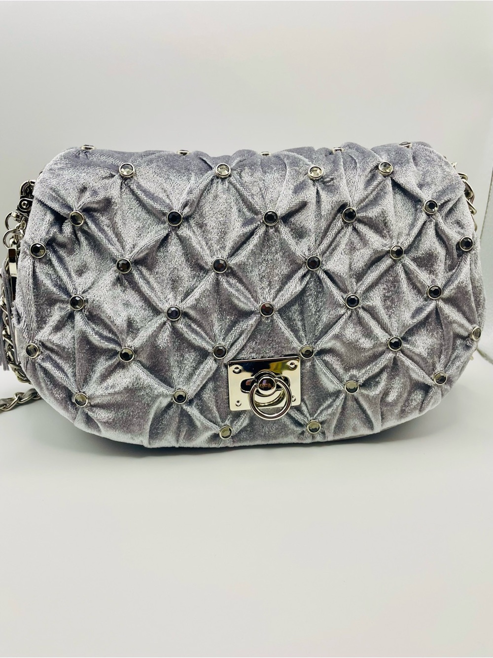 twiggy LONDON Silver Quilted Velvet Double Chain Strap Shoulder Bag with Studs.